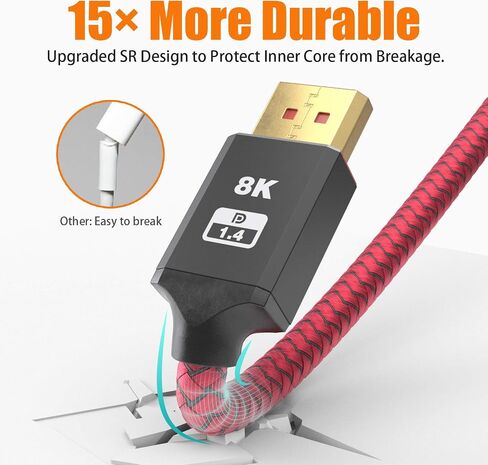 BIFALE VESA معتمد 8K DisplayPort 1.4 كابل 25 قدم، DP 1.4 كابل نايلون مضفر يدعم (8K@60 هرتز، 4K@144 هرتز و1080P@240 هرتز)، HBR3، 32.4 جيجابت في الثانية، HDCP 2.2، HDR، DSC 1.2 لشاشة ألعاب الكمبيوتر المحمول والتلفزيون in Kuwait