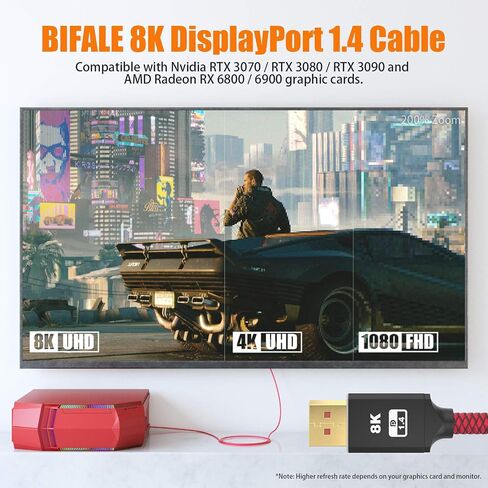 BIFALE VESA معتمد 8K DisplayPort 1.4 كابل 25 قدم، DP 1.4 كابل نايلون مضفر يدعم (8K@60 هرتز، 4K@144 هرتز و1080P@240 هرتز)، HBR3، 32.4 جيجابت في الثانية، HDCP 2.2، HDR، DSC 1.2 لشاشة ألعاب الكمبيوتر المحمول والتلفزيون in Kuwait