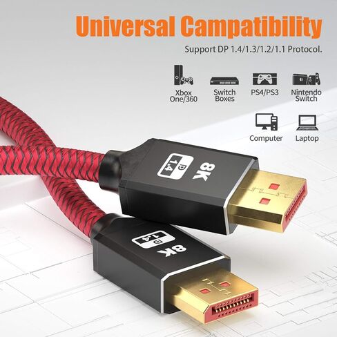 BIFALE VESA معتمد 8K DisplayPort 1.4 كابل 25 قدم، DP 1.4 كابل نايلون مضفر يدعم (8K@60 هرتز، 4K@144 هرتز و1080P@240 هرتز)، HBR3، 32.4 جيجابت في الثانية، HDCP 2.2، HDR، DSC 1.2 لشاشة ألعاب الكمبيوتر المحمول والتلفزيون in Kuwait