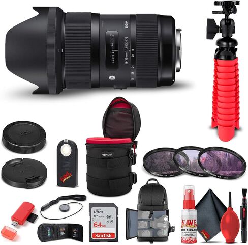 سيجما عدسة فنية 18-35 ملم f/1.8 DC HSM لكاميرا نيكون F (210-306) + حقيبة ظهر + بطاقة 64GB + حافظة عدسة + قارئ بطاقات + مجموعة فلتر 3 قطع + مجموعة تنظيف + حامل ثلاثي مرن + محفظة ذاكرة + المزيد in Kuwait