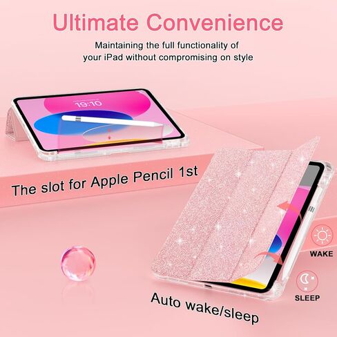 حافظة Sevrok iPad الجيل العاشر 2022 مقاس 10.9 بوصة مع حامل أقلام رصاص، غطاء ذكي مغناطيسي ثلاثي الطي من الجلد اللامع مع ظهر TPU شفاف لامع، يدعم معرف اللمس، تنبيه/غفو تلقائي، ذهبي وردي in Kuwait
