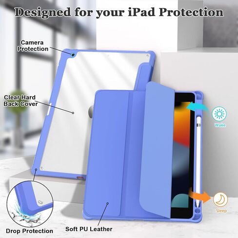 OKP for iPad 9th/ 8th/ 7th Generation Case (2021/2020/2019), iPad 10.2 inch Cases with Trifold Stand, Slim ipad 9/8/7 th gen Cover with Pencil Holder for Kids Women Men, Clear PC Back Shell, Pink in Kuwait