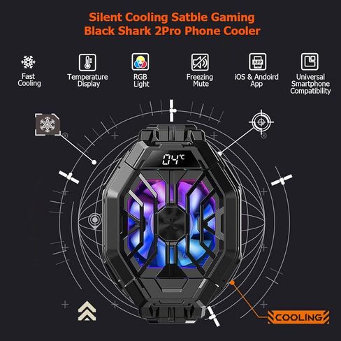 Phone Cooler, Black Shark Cell Phone Coolers Semiconductor with RGB&Time Display for iPhone Cooler for Gaming & Video Streaming & VLOG Mobile Cooling Fan for iPhone&Android Phone Black - 2Pro (Wired) in Kuwait
