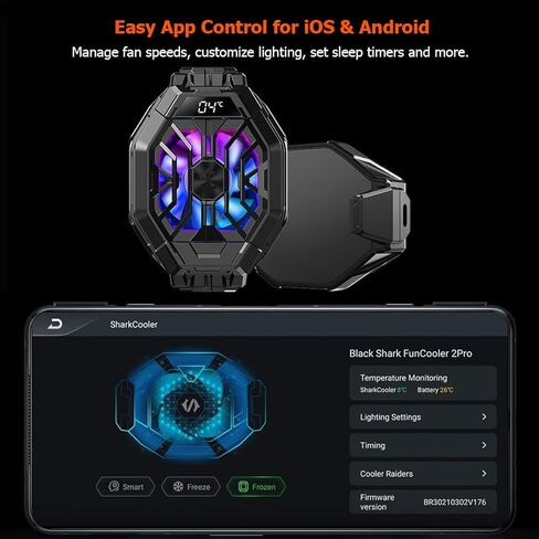 Phone Cooler, Black Shark Cell Phone Coolers Semiconductor with RGB&Time Display for iPhone Cooler for Gaming & Video Streaming & VLOG Mobile Cooling Fan for iPhone&Android Phone Black - 2Pro (Wired) in Kuwait