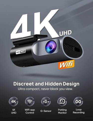 كاميرا داش 4K WiFi 2160P للسيارات، مسجل أمامي للكاميرا مع التطبيق، وضع ركن السيارة لمدة 24 ساعة، مستشعر G، رؤية ليلية، تسجيل حلقي، دعم 256 جيجابايت كحد أقصى in Kuwait