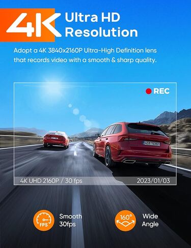 كاميرا داش 4K WiFi 2160P للسيارات، مسجل أمامي للكاميرا مع التطبيق، وضع ركن السيارة لمدة 24 ساعة، مستشعر G، رؤية ليلية، تسجيل حلقي، دعم 256 جيجابايت كحد أقصى in Kuwait