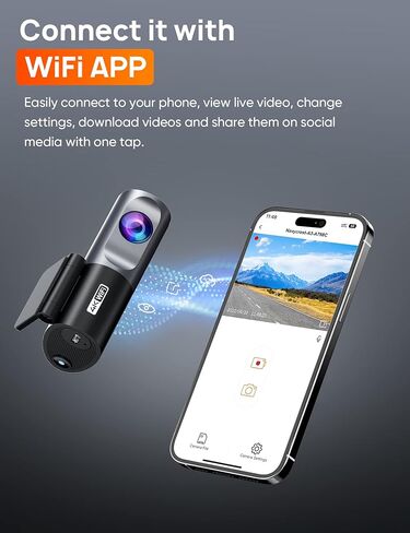 كاميرا داش 4K WiFi 2160P للسيارات، مسجل أمامي للكاميرا مع التطبيق، وضع ركن السيارة لمدة 24 ساعة، مستشعر G، رؤية ليلية، تسجيل حلقي، دعم 256 جيجابايت كحد أقصى in Kuwait