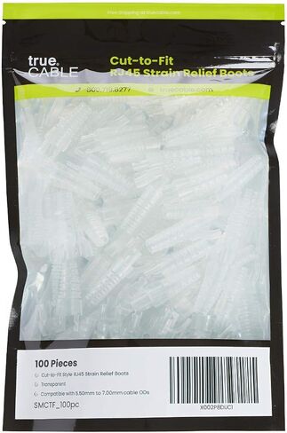 حذاء تخفيف الضغط من trueCABLE RJ45، غطاء قابس PVC صغير مقاس 5.5 إلى 7.0 مم مقطوع ليناسب اللون، شفاف، 100 قطعة in Kuwait