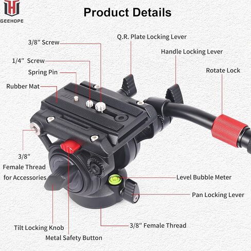 حامل ثلاثي احترافي لسحب السوائل GEEHOPE GH-12، رأس سائل فيديو مع لوحة منزلقة براغي 1/4 و3/8 بوصة للحامل ثلاثي القوائم عالي التحمل، مونوبود، كاميرات الفيديو وكاميرات DSLR، أقصى حمل 24.5 رطل/12 كجم in Kuwait