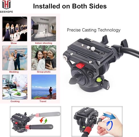 حامل ثلاثي احترافي لسحب السوائل GEEHOPE GH-12، رأس سائل فيديو مع لوحة منزلقة براغي 1/4 و3/8 بوصة للحامل ثلاثي القوائم عالي التحمل، مونوبود، كاميرات الفيديو وكاميرات DSLR، أقصى حمل 24.5 رطل/12 كجم in Kuwait