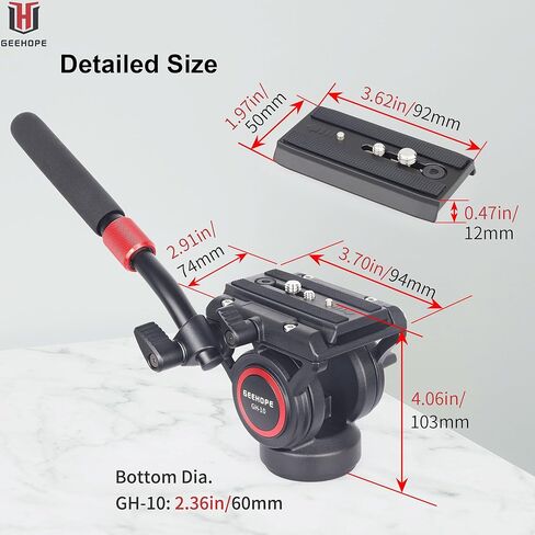 حامل ثلاثي احترافي لسحب السوائل GEEHOPE GH-12، رأس سائل فيديو مع لوحة منزلقة براغي 1/4 و3/8 بوصة للحامل ثلاثي القوائم عالي التحمل، مونوبود، كاميرات الفيديو وكاميرات DSLR، أقصى حمل 24.5 رطل/12 كجم in Kuwait