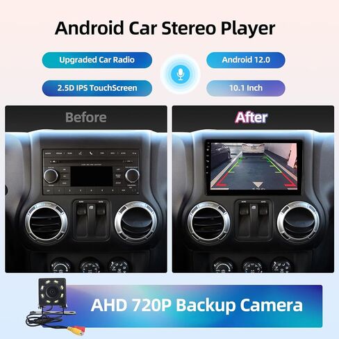 Yeizwieo ترقية 10.1 بوصة Android 12 راديو السيارة ستيريو لسيارة Jeep Wrangler JK Compass Grand Cherokee Dodge Ram 1500 مع Carplay اللاسلكي وAndroid Auto & SWC/GPS/WiFi/FM مع كاميرا AHD in Kuwait