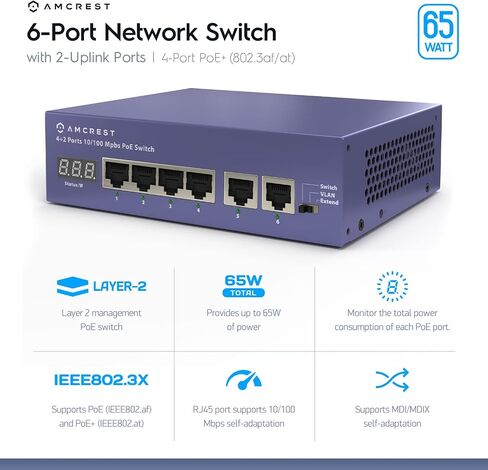 Amcrest 6-Port, POE+ Power Over Ethernet POE Switch with Metal Housing, 4-Ports POE+ 802.3at 65w (AMPS6E4P-AT-65) in Saudi Arabia