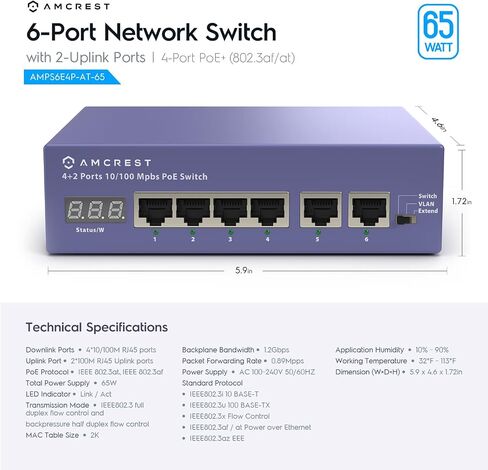 Amcrest 6-Port, POE+ Power Over Ethernet POE Switch with Metal Housing, 4-Ports POE+ 802.3at 65w (AMPS6E4P-AT-65) in Saudi Arabia