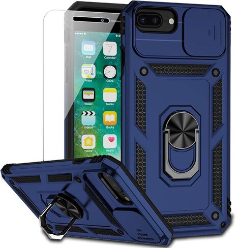 حافظة لهاتف iPhone 8 Plus / iPhone 7 Plus / iPhone 6 Plus مع غطاء عدسة الكاميرا وواقي شاشة عالي الدقة، حماية من السقوط بدرجة عسكرية 15 قدمًا وحامل حلقي مغناطيسي وحافظة هاتف واقية (أزرق داكن) in Kuwait