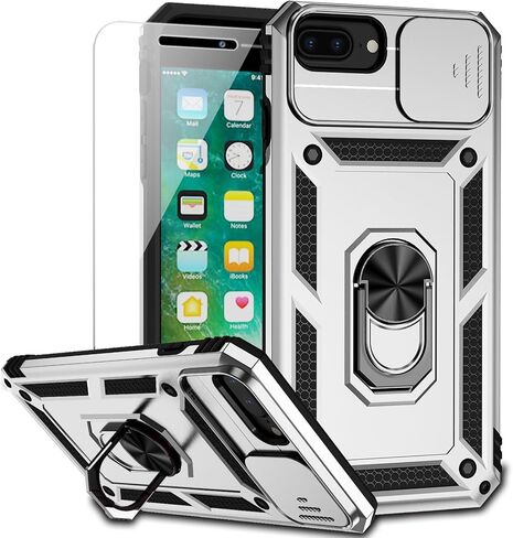 حافظة لهاتف iPhone 8 Plus / iPhone 7 Plus / iPhone 6 Plus مع غطاء عدسة الكاميرا وواقي شاشة عالي الدقة، حماية من السقوط بدرجة عسكرية 15 قدمًا وحامل حلقي مغناطيسي وحافظة هاتف واقية (أزرق داكن) in Kuwait