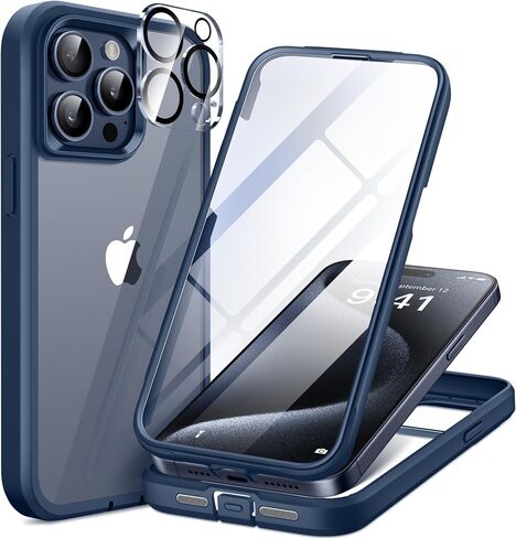 Compatible with iPhone 15 Pro Max Case, [Dustproof Design] Full-Body Rugged Shockproof Hard Phone Case with Built-in 9H Tempered Glass Screen and 2X Camera Lens Protector, Dark Blue in Saudi Arabia