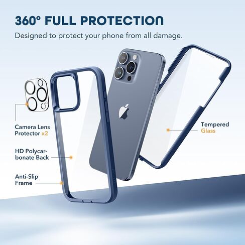 Compatible with iPhone 15 Pro Max Case, [Dustproof Design] Full-Body Rugged Shockproof Hard Phone Case with Built-in 9H Tempered Glass Screen and 2X Camera Lens Protector, Dark Blue in Saudi Arabia
