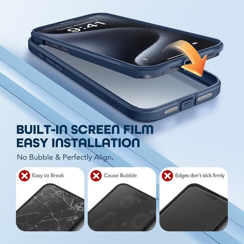 Compatible with iPhone 15 Pro Max Case, [Dustproof Design] Full-Body Rugged Shockproof Hard Phone Case with Built-in 9H Tempered Glass Screen and 2X Camera Lens Protector, Dark Blue in Saudi Arabia