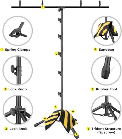 حامل خلفية Aureday، مجموعة حامل خلفية للصور قابلة للتعديل مقاس 8.5 × 10 أقدام مع 4 أشرطة متقاطعة، 4 مشابك زنبركية، 6 مشابك زنبركية مرنة، 2 كيس رمل، وحقيبة حمل للحفلات/حفلات الزفاف/التصوير الفوتوغرافي/الديكور in Kuwait