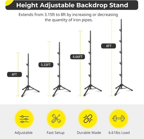 حامل خلفية Aureday، مجموعة حامل خلفية للصور قابلة للتعديل مقاس 8.5 × 10 أقدام مع 4 أشرطة متقاطعة، 4 مشابك زنبركية، 6 مشابك زنبركية مرنة، 2 كيس رمل، وحقيبة حمل للحفلات/حفلات الزفاف/التصوير الفوتوغرافي/الديكور in Kuwait