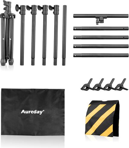 حامل خلفية Aureday، مجموعة حامل خلفية للصور قابلة للتعديل مقاس 8.5 × 10 أقدام مع 4 أشرطة متقاطعة، 4 مشابك زنبركية، 6 مشابك زنبركية مرنة، 2 كيس رمل، وحقيبة حمل للحفلات/حفلات الزفاف/التصوير الفوتوغرافي/الديكور in Kuwait