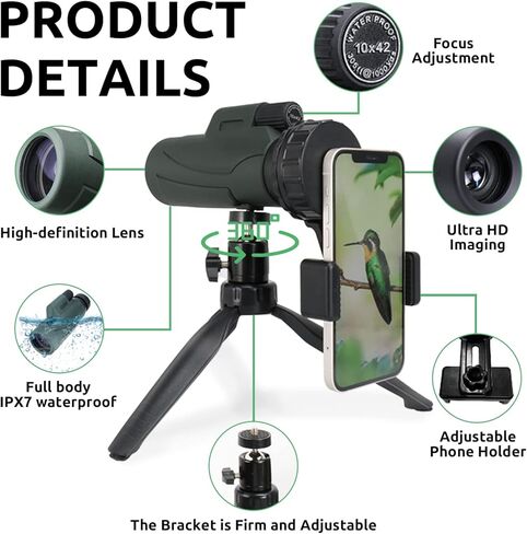 تلسكوب أحادي للهواتف الذكية، منظار TOTACLEA Zoom أحادي العين للبالغين، نطاق أحادي العين لمشاهدة الطيور والصيد والمشي لمسافات طويلة والتخييم مع حامل الهاتف الذكي المحسن وحامل ثلاثي معدني in Kuwait