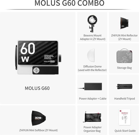ZHIYUN G60 Combo Light، مصباح فيديو LED ثنائي اللون، CRI≥96، TLCI≥97، 300 جرام محمول 60 وات COB LED إضاءة الإخراج المستمر، التحكم في تطبيق البلوتوث، مع ملحقات تركيب Bowens DC/PD مزود الطاقة in Saudi Arabia