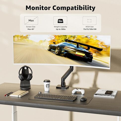 ذراع شاشة عالي التحمل، بدلة ذراع زنبركية غازية واحدة للشاشة فائقة العرض/منحنية/مسطحة، سعة وزن 34-49 بوصة تصل إلى 38 رطل، متوافقة مع Odyssey G9 (أبيض) in Kuwait