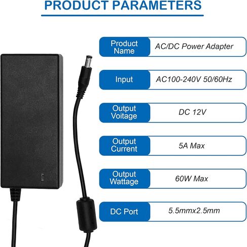 OPBYWE 12V 5A 60W محول التيار الكهربائي AC DC محول 100V ~ 240V إلى 12 فولت 5 أمبير محول 5.5x2.1mm التوصيل لشجرة عيد الميلاد LED شرائط الضوء CCTV نظام الأمن شاشة LCD in Saudi Arabia
