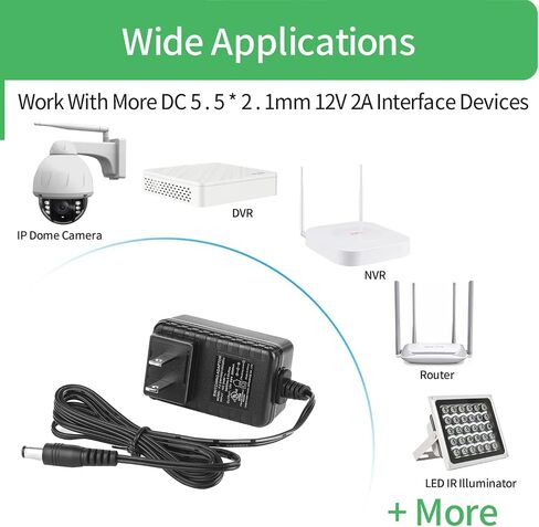 2-Pack AC 100-240V to DC 12V 2A Power Supply Adapter,12 Volt 2 Amp Power Adaptor 5.5mm X 2.1mm,Work with CCTV Camera/DVR/NVR/Led Strip Lights/Router/Monitor/Keyboard,UL Listed in Saudi Arabia