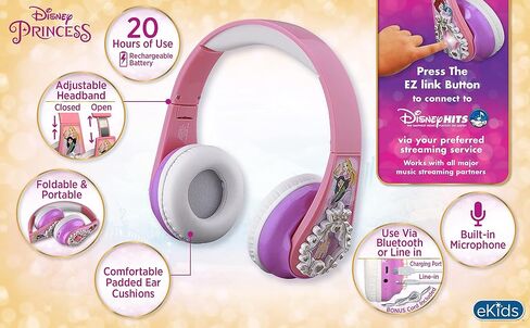 eKids Disney Princess Bluetooth Headphones with EZ Link, Wireless Headphones with Microphone and Aux Cord, Kids Headphones for School, Home, or Travel in Saudi Arabia