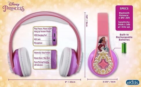 eKids Disney Princess Bluetooth Headphones with EZ Link, Wireless Headphones with Microphone and Aux Cord, Kids Headphones for School, Home, or Travel in Saudi Arabia