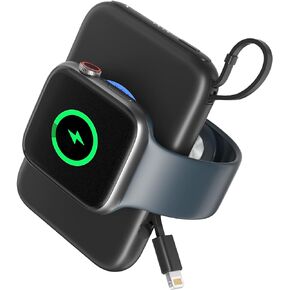 شاحن لاسلكي محمول لساعة Apple 9/8/Ultra//4/37/6/5/2/SE، شاحن باور بانك مغناطيسي بقدرة 5000 مللي أمبير في الساعة مع كابل مدمج - مناسب لجميع أجهزة Apple iWatch وiPhone، أسود in Kuwait