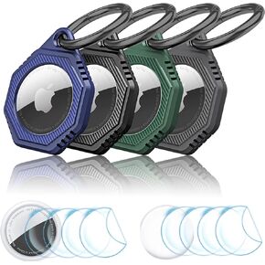 Airtag Holder 4 Pack for Apple Airtags, Scratch Resistant PC+TPU Full Protective Air Tag Case with Built-in Protective Film , Apple Airtag Accessories for Keyring (Black, Blue, Green, Grey)