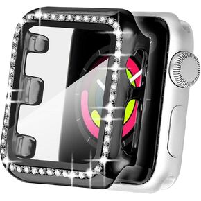 Secbolt 38mm Bling Case Compatible Apple Watch Band with Built-in Tempered Glass Screen Protector, All Around Protective Cover Frame Bumper for iWatch Series 3/2/1, Silver(38mm)