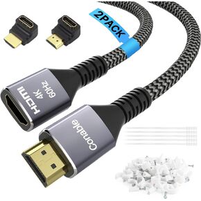 4K HDMI Extension Cable 20 Feet, HDMI 2.0 Braided Extender Male to Female Cord, Pure Copper 3D 4K@60Hz 2160p 1080p HDR HDCP 2.2 ARC (with 25 Ties, 25 U Nails, 2 HDMI Adapters)- 20FT