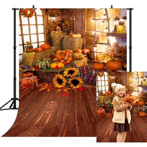 CapiSco 8X10FT Fall Thanksgiving Halloween Photo Backdrop Pumpkin Vinyl Background Wooden Floor Barn Autumn Pumpkins Maple Leaves Sunflower Backdrop for Kids Parties Family Portrait Backdrop SCO195E