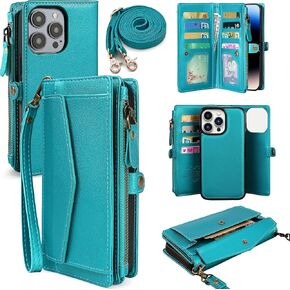 DKDKSIP for iPhone 15 Pro Wallet Case for Women, Support Wireless Charging with RFID Blocking Card Holder, PU Leather Zipper Wallet Detachable Magnetic Phone Case with Crossbody Strap, Blue Green