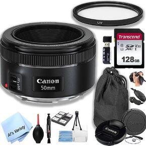 عدسة Canon EF 50mm f/1.8 STM Prime + ذاكرة سعة 128 جيجابايت + مرشح للأشعة فوق البنفسجية + حقيبة عدسة + مقبض + المزيد (مجموعة مكونة من 18 قطعة) (متجددة) in Kuwait