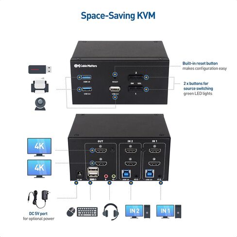 Cable Matters 4K 60Hz Dual HDMI KVM Switch for 2 Computers with USB 3.0 Ports, Support Keyboard-Based Hotkey Switching, USB 3.0 HDMI KVM 2 Monitors/KVM Dual HDMI with Keyboard Shortcut Switching in Saudi Arabia