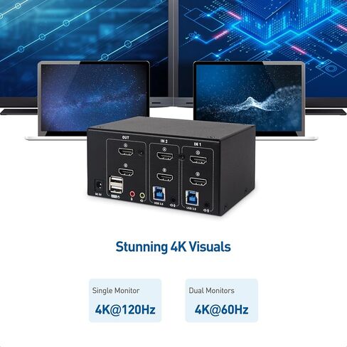 Cable Matters 4K 60Hz Dual HDMI KVM Switch for 2 Computers with USB 3.0 Ports, Support Keyboard-Based Hotkey Switching, USB 3.0 HDMI KVM 2 Monitors/KVM Dual HDMI with Keyboard Shortcut Switching in Saudi Arabia
