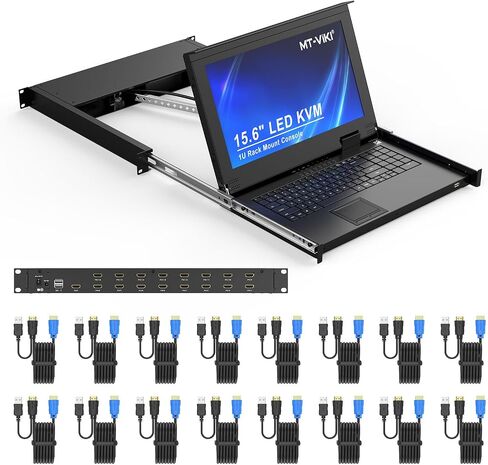MT-VIKI Rack Mount KVM w/15.6" LCD Monitor, 8 Port VGA KVM Switch, 1080@60Hz 1U Integrated Monitor Keyboard, Fits 18.9" to 31.5" Deep Racks (480-800mm), Included 8 Cables for Server Room, Data Center in Kuwait