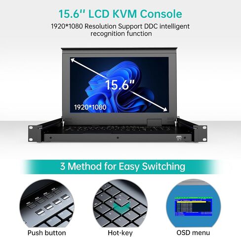 MT-VIKI Rack Mount KVM w/15.6" LCD Monitor, 8 Port VGA KVM Switch, 1080@60Hz 1U Integrated Monitor Keyboard, Fits 18.9" to 31.5" Deep Racks (480-800mm), Included 8 Cables for Server Room, Data Center in Kuwait