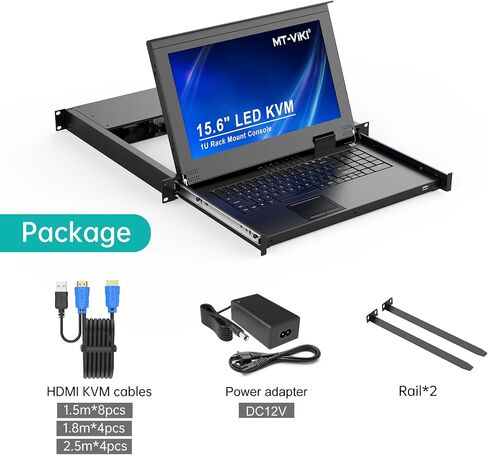 MT-VIKI Rack Mount KVM w/15.6" LCD Monitor, 8 Port VGA KVM Switch, 1080@60Hz 1U Integrated Monitor Keyboard, Fits 18.9" to 31.5" Deep Racks (480-800mm), Included 8 Cables for Server Room, Data Center in Kuwait