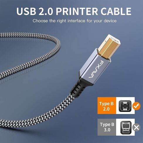 USB Printer Cable 20 Foot - Nylon Braided High Speed Long USB2.0 A to B Printer Cord for HP, Canon, Epson, Dell, Brother, Lexmark, Xerox, Scanner & MIDI in Kuwait