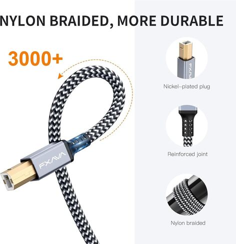 USB Printer Cable 20 Foot - Nylon Braided High Speed Long USB2.0 A to B Printer Cord for HP, Canon, Epson, Dell, Brother, Lexmark, Xerox, Scanner & MIDI in Kuwait
