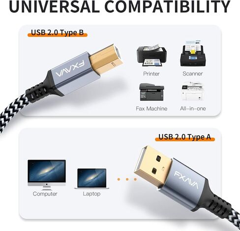 USB Printer Cable 20 Foot - Nylon Braided High Speed Long USB2.0 A to B Printer Cord for HP, Canon, Epson, Dell, Brother, Lexmark, Xerox, Scanner & MIDI in Kuwait