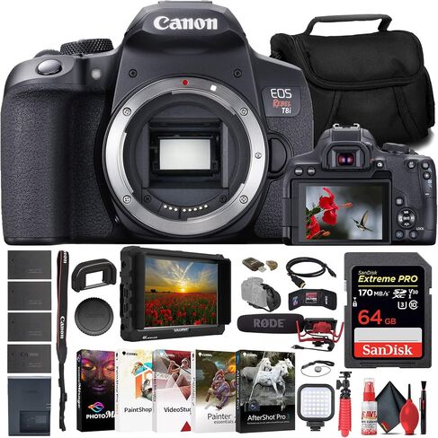 كاميرا Canon EOS Rebel T8i DSLR (الهيكل فقط) (3924C001) + شاشة 4K + Rode VideoMic + بطاقة ذاكرة سعة 64 جيجابايت + 3 بطاريات LPE17 + قارئ بطاقات + ضوء LED + برنامج Corel Photo Software + حقيبة + المزيد (متجددة) in Saudi Arabia