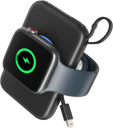 Portable Wireless Charger for Apple Watch 9/8/Ultra//4/37/6/5/2/SE, 5000mAh Magnetic iWatch Charger Power Bank with Built in Cable - Travel for All Apple iWatch & iPhone, Black in Kuwait